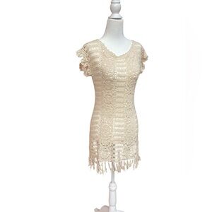 Beautiful Cream colored open weave Crocheted or embroidered Beach cover up